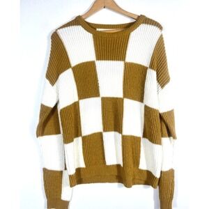 Cato Sweater Size Large Check Checkerboard Chunky Knit Gold White Cozy Casual